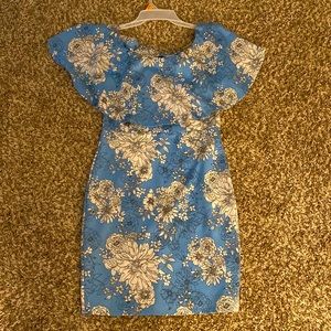 Womens’ Off the shoulder Mini blue and white floral print Dress